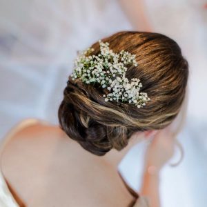 bridal hair with gypsophilia